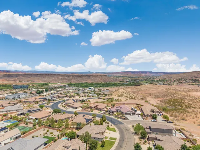 Aerial perspective showcasing a residential community with varied architectural styles
