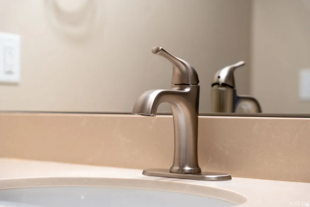 Brushed nickel single-handle faucet with a coordinating countertop and integrated sink