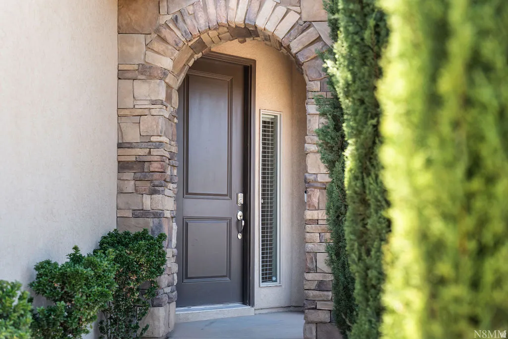 Arched stone entryway featuring a paneled door, stone veneer detailing, and stucco exterior finish
