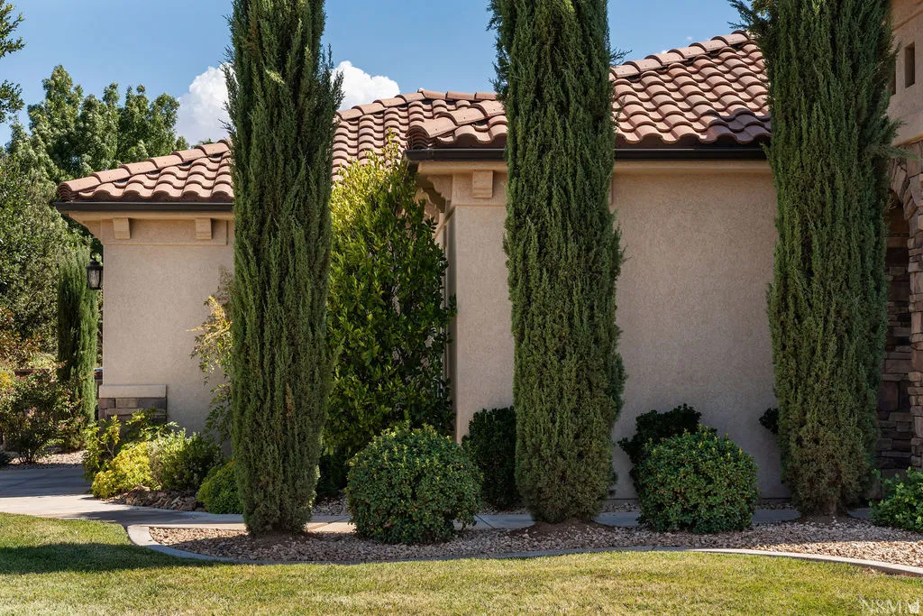 Stucco exterior with a tiled roof, accented by mature columnar evergreens and varied landscaping, featuring a stone archway