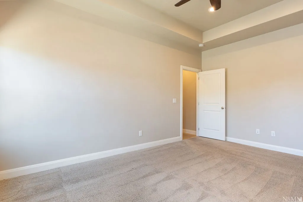 Tray ceiling with a ceiling fan, neutral wall paint, and light-toned carpeting