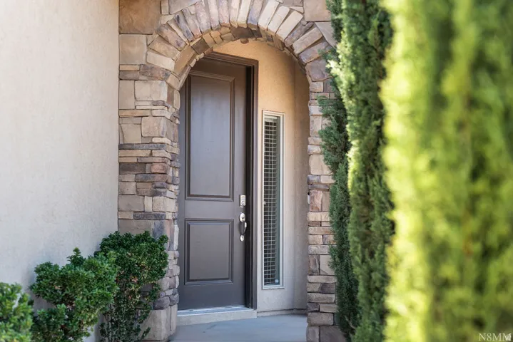 Arched stone entryway featuring a paneled door, stone veneer detailing, and stucco exterior finish