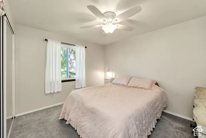 Recessed window with dark trim, ceiling fan with integrated lighting, and wall-to-wall carpeting
