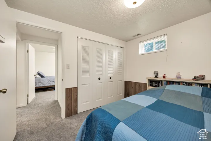 White walls, overhead flush mount lighting, carpeted flooring, built-in shelving, and a dual bi-fold closet door