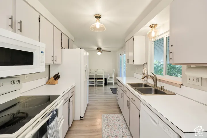 Kitchen featuring white cabinetry, light countertops, wood-finish flooring, stainless steel double-basin sink, and a built-in microwave