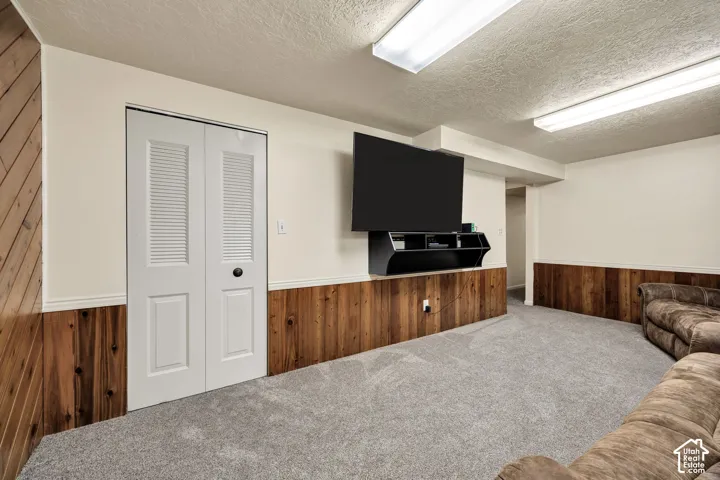 Carpeted flooring, wood paneling, white bi-fold closet doors, wall-mounted media console, and recessed lighting
