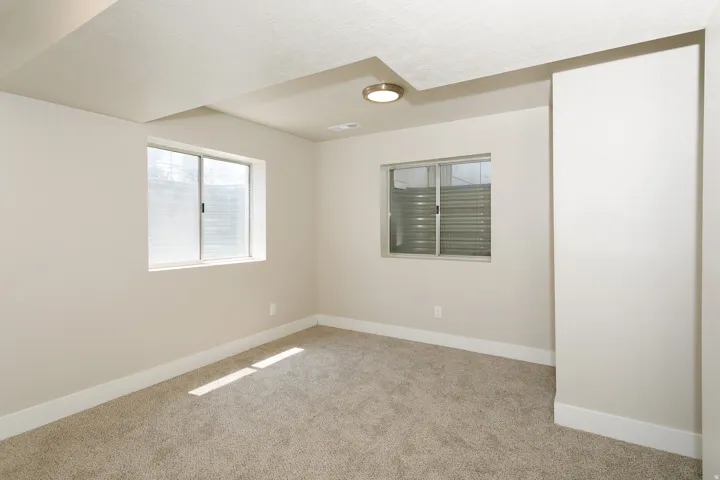 Neutral wall color with two windows, a flush-mount ceiling light, and carpet flooring
