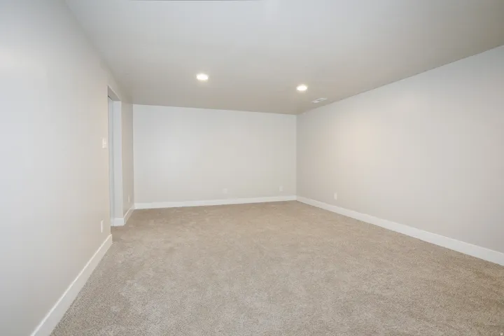 Recessed lighting fixtures, neutral wall color, and carpeted flooring