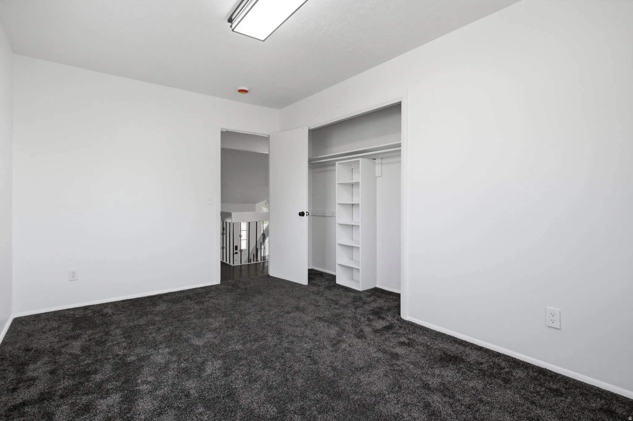 Dark gray carpeting, white painted walls, ceiling-mounted lighting fixture, and a built-in closet system with shelving