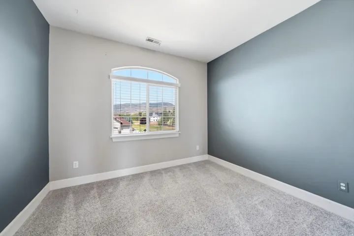 Arched window with blinds, carpeted flooring, and contrasting wall colors
