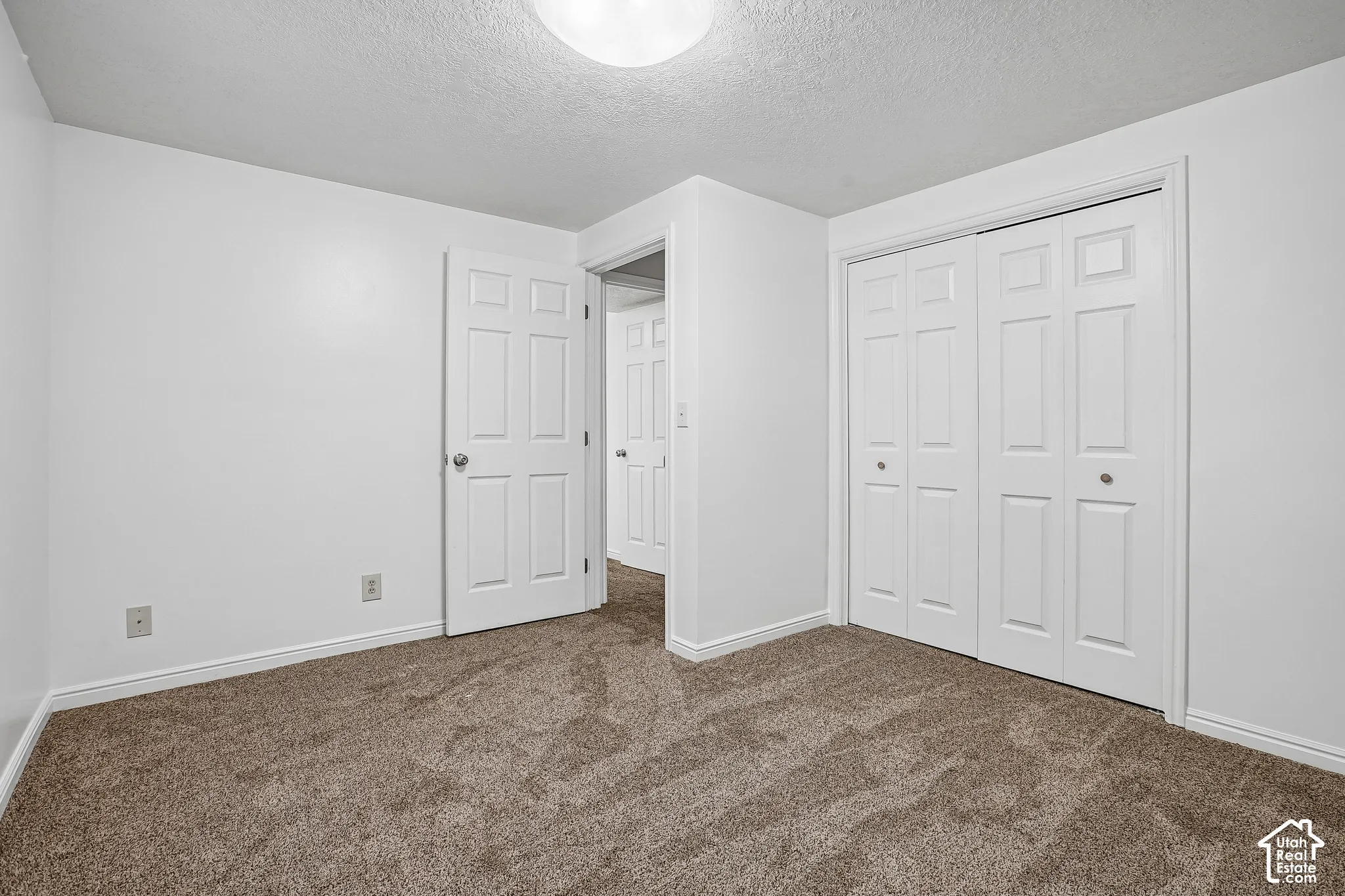 Neutral wall paint, plush carpet flooring, bi-fold closet doors, and overhead dome light fixture