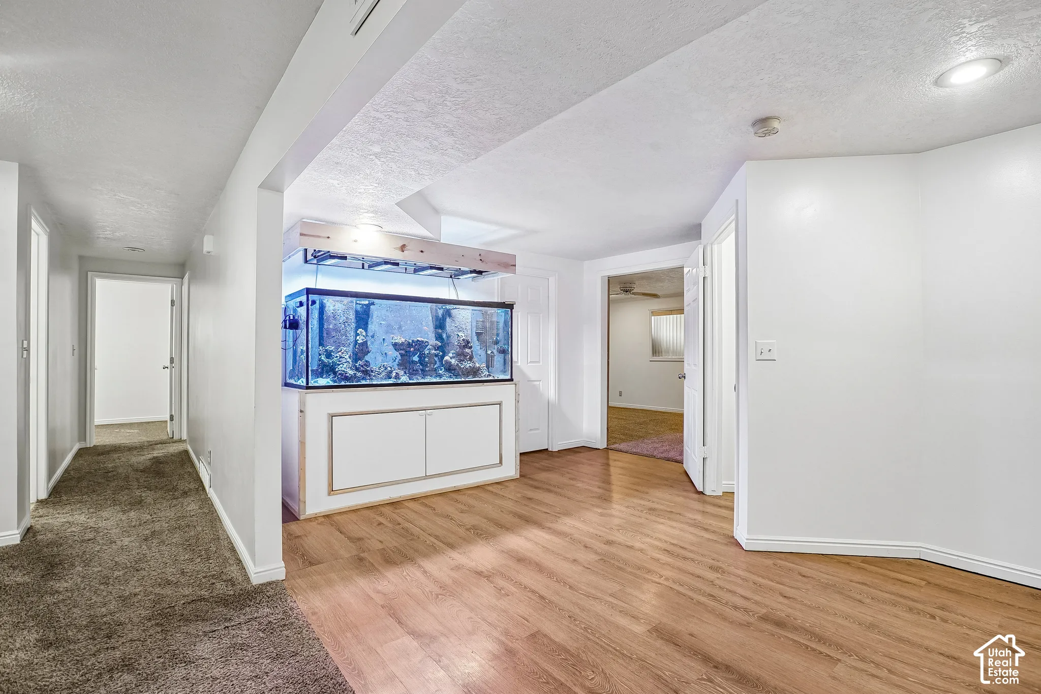 Wood-finish flooring, recessed lighting, and a built-in aquarium with custom cabinetry