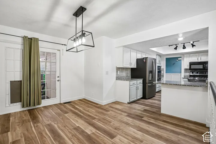 Wood-finish flooring, white cabinetry, granite countertops, stainless steel appliances, and a modern geometric pendant light fixture