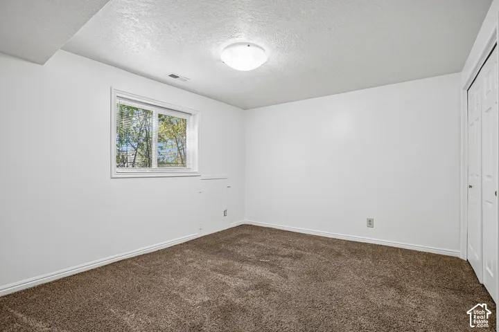 Neutral-toned carpeting, white walls, and a white ceiling with a flush-mount light fixture