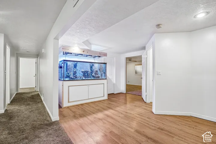 Wood-finish flooring, recessed lighting, and a built-in aquarium with custom cabinetry