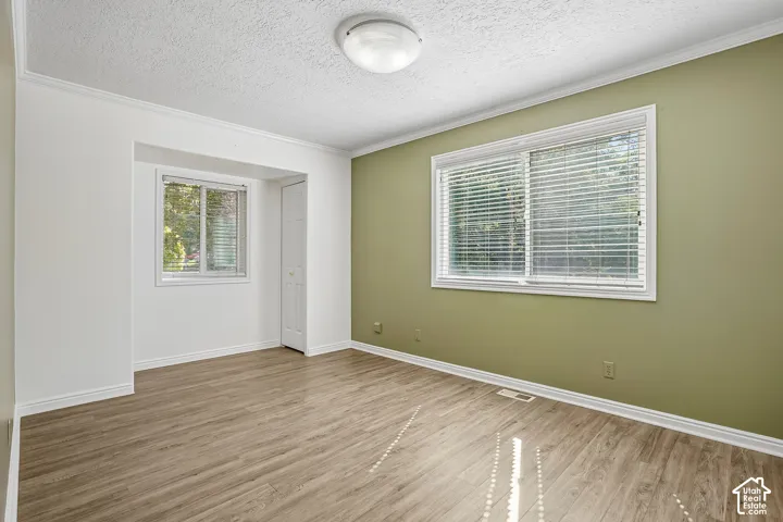 Wood-finish flooring with white trim