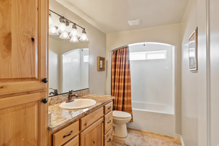 Wood-finish cabinetry, vanity with undermount sink, speckled countertop, overhead vanity lighting, and bathtub with arched alcove