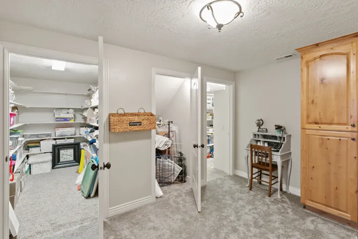 Carpeted room with recessed lighting, multiple built-in storage closets, and an integrated wood cabinet