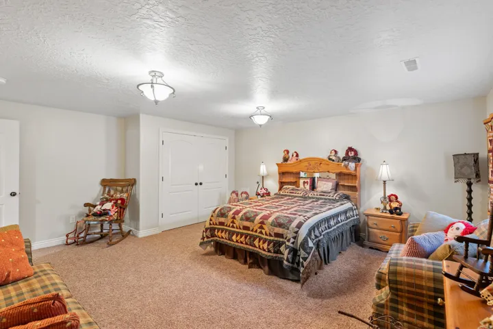 Carpeted flooring, white walls, and a white double door closet