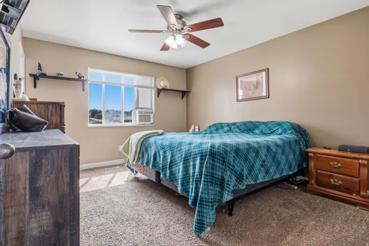 Carpeted room featuring a ceiling fan, window with multiple panes, and wall-mounted shelving