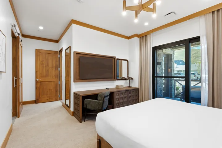 Light-colored carpeting, warm wood-finish trim, and a contemporary ceiling fixture