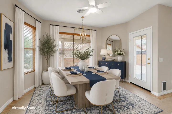 Bay window with horizontal blinds, overhead ceiling fan, recessed lighting, and a glass-paneled exterior door