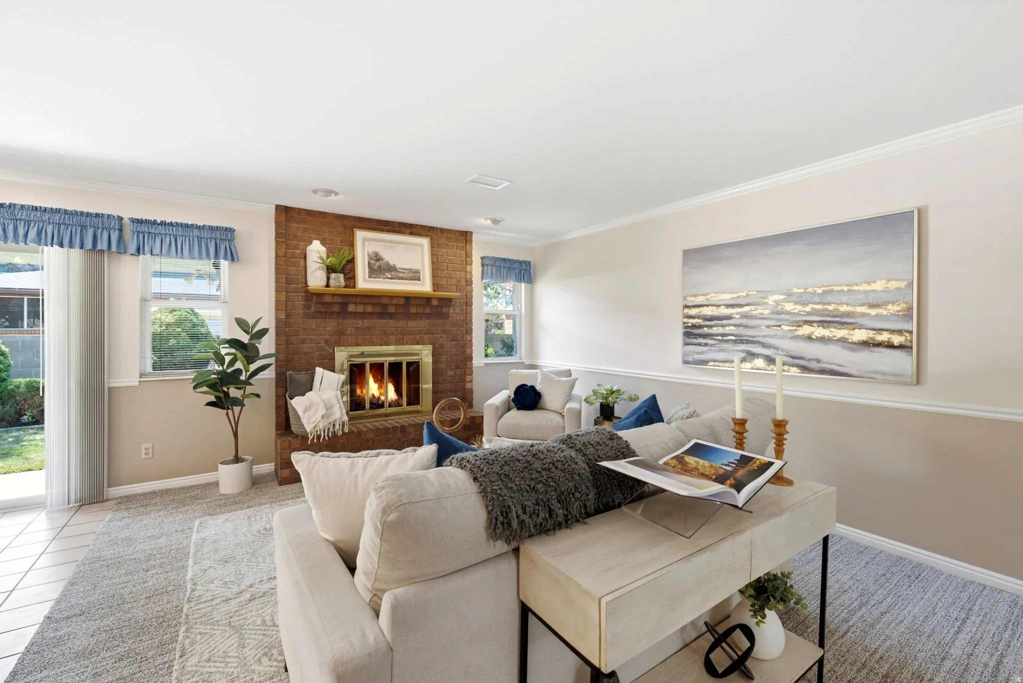 Brick fireplace with a wood mantel, tiled flooring, sliding glass door, and recessed lighting