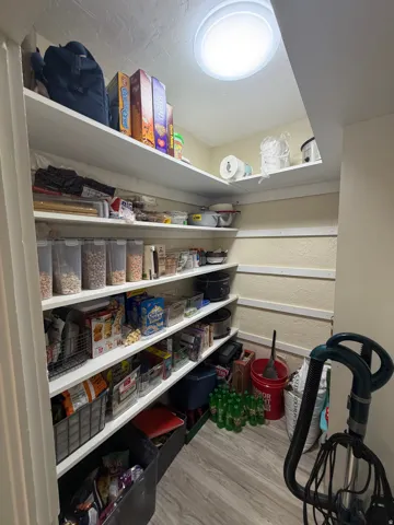 Recessed ceiling light illuminating a spacious pantry featuring extensive built-in shelving, durable wood-finish flooring, and textured wall paneling