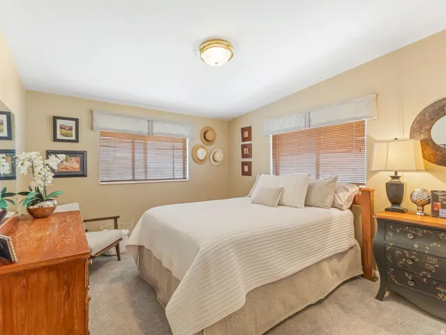 Recessed lighting, warm neutral wall tones, two windows with blinds, and carpeted flooring