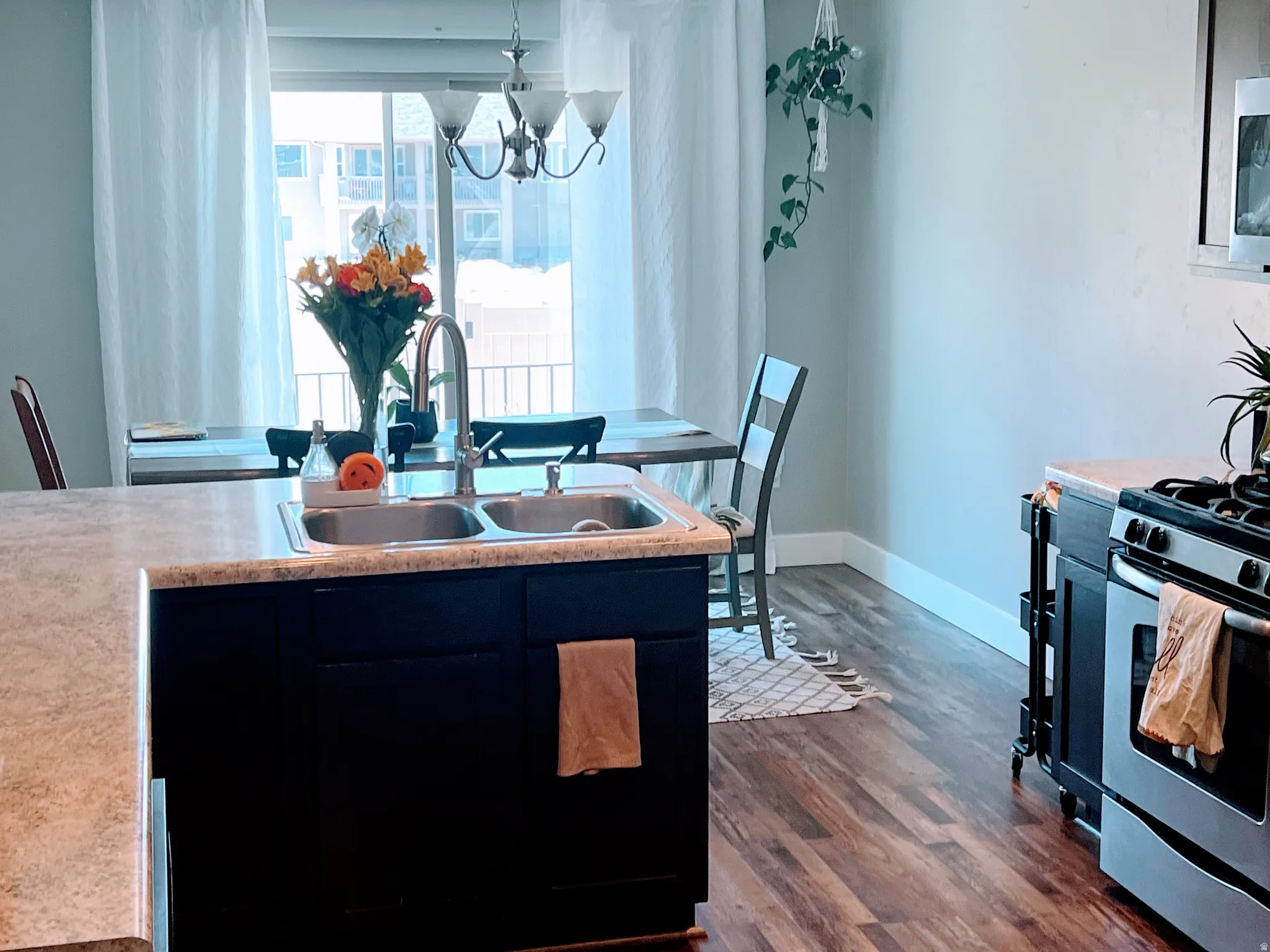 Kitchen featuring a double basin stainless steel sink, dark wood-finish cabinetry, wood-finish flooring, and a stainless steel oven/range