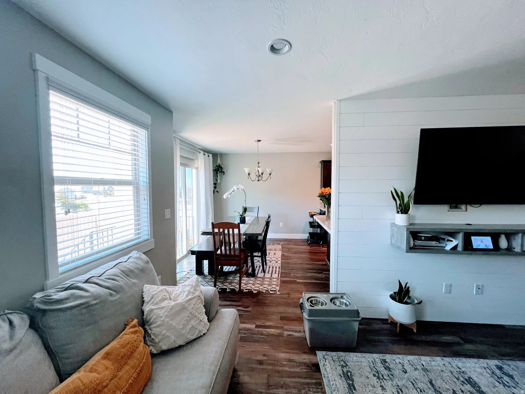Wood-finish flooring throughout, with a shiplap accent wall and recessed ceiling lighting