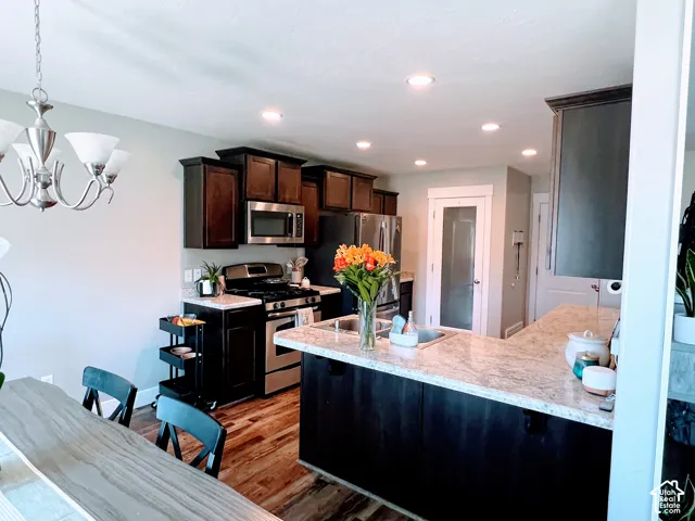 Kitchen featuring dark wood-finish cabinetry, stainless steel appliances, a light-toned countertop, and recessed lighting