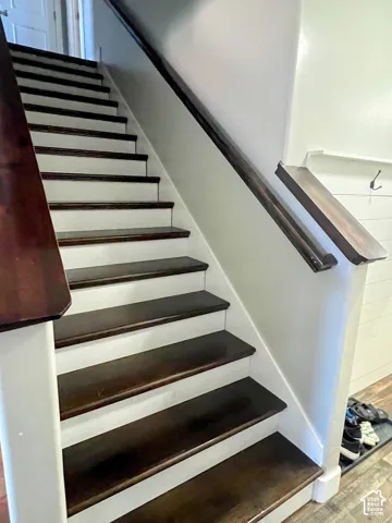 Staircase featuring dark wood-finish treads and risers