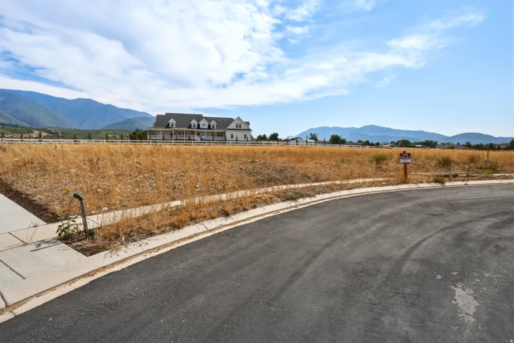 Expansive parcel featuring a paved road, concrete sidewalk, and mountain backdrop