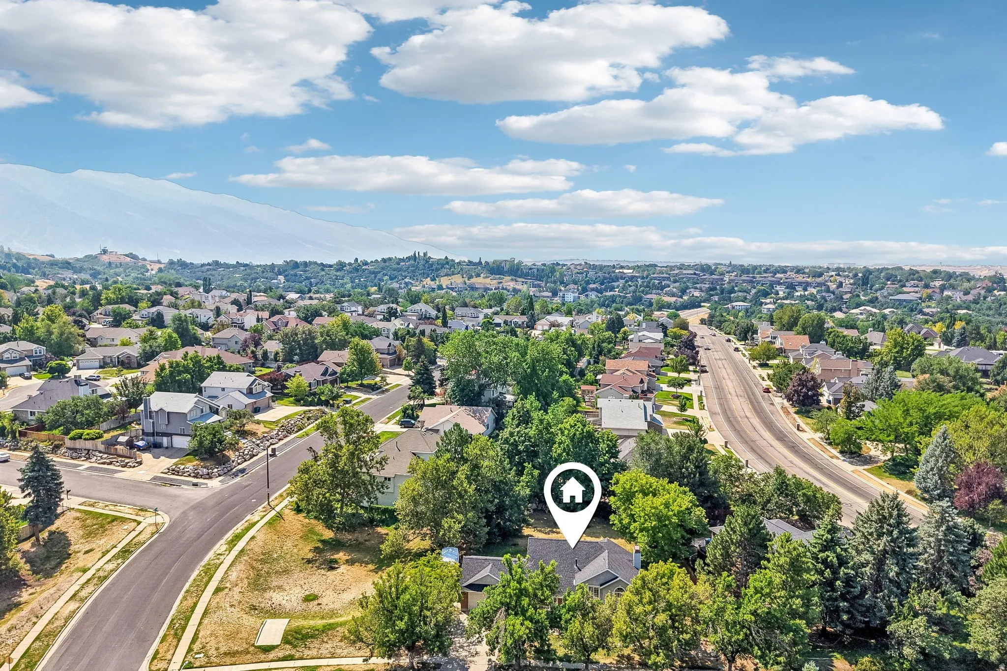 Expansive neighborhood setting with mature trees and a wide street