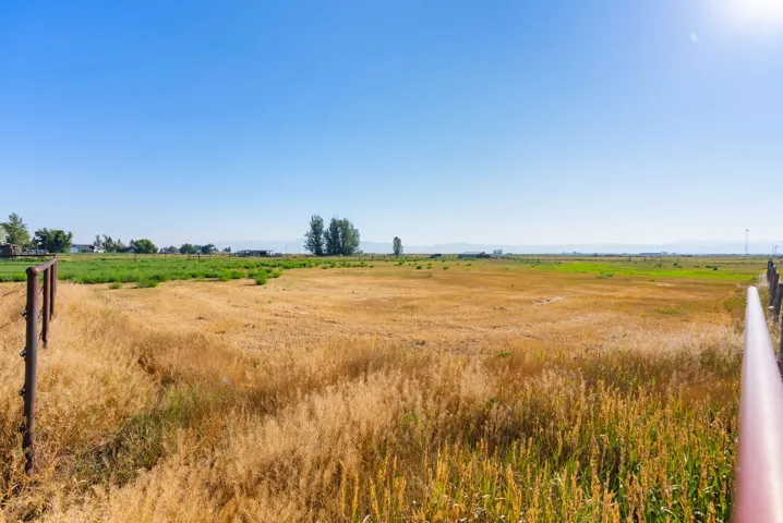 Expansive open field with varied terrain and distant structures