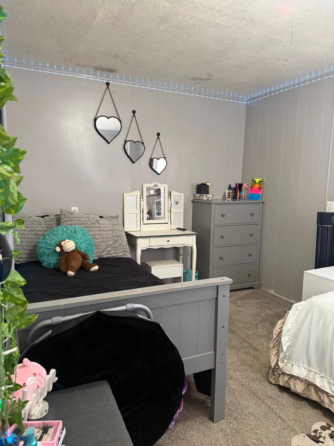Carpeted flooring, painted walls, and ceiling-mounted lighting