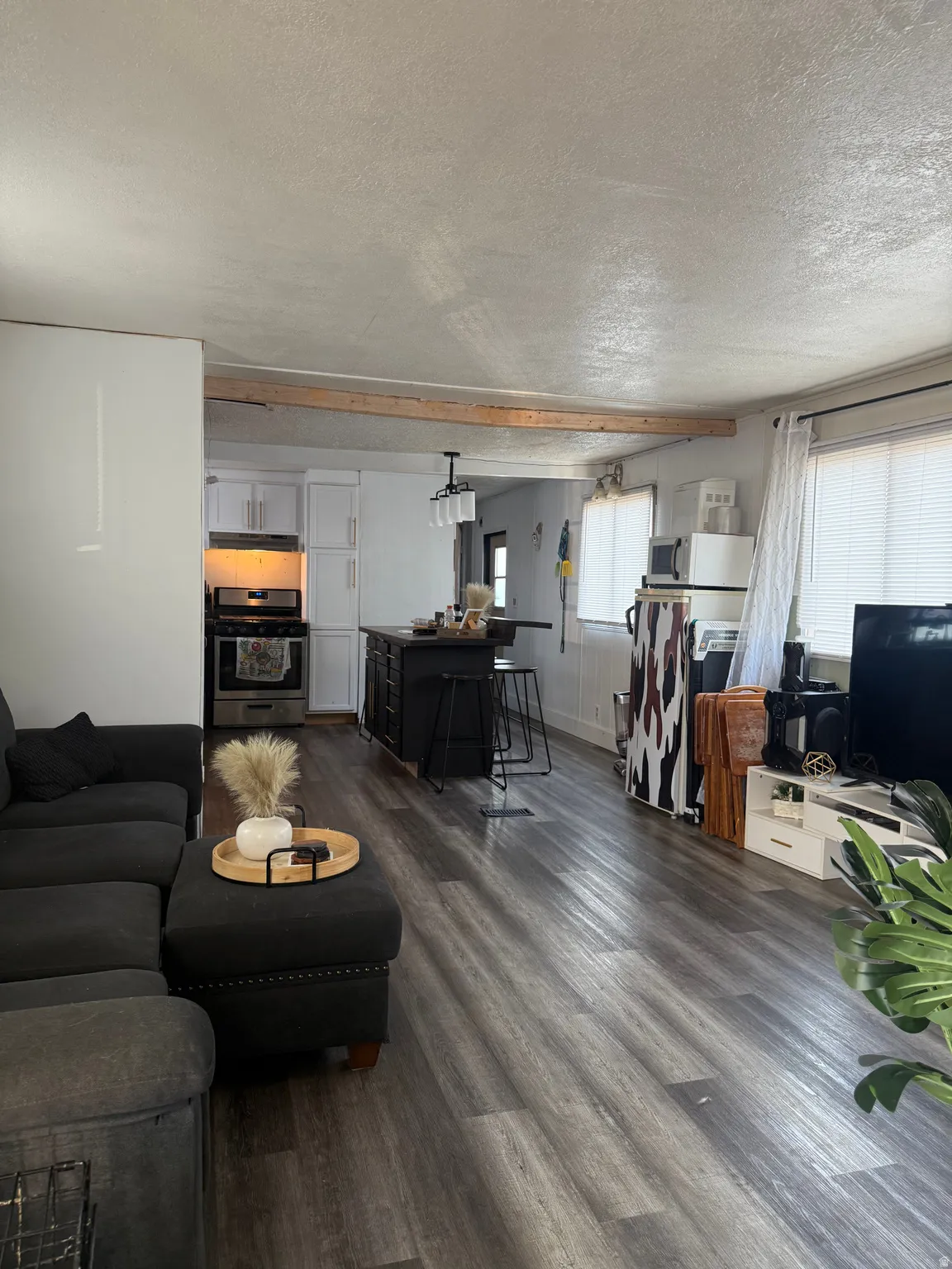 Open-concept living area with wood-finish flooring