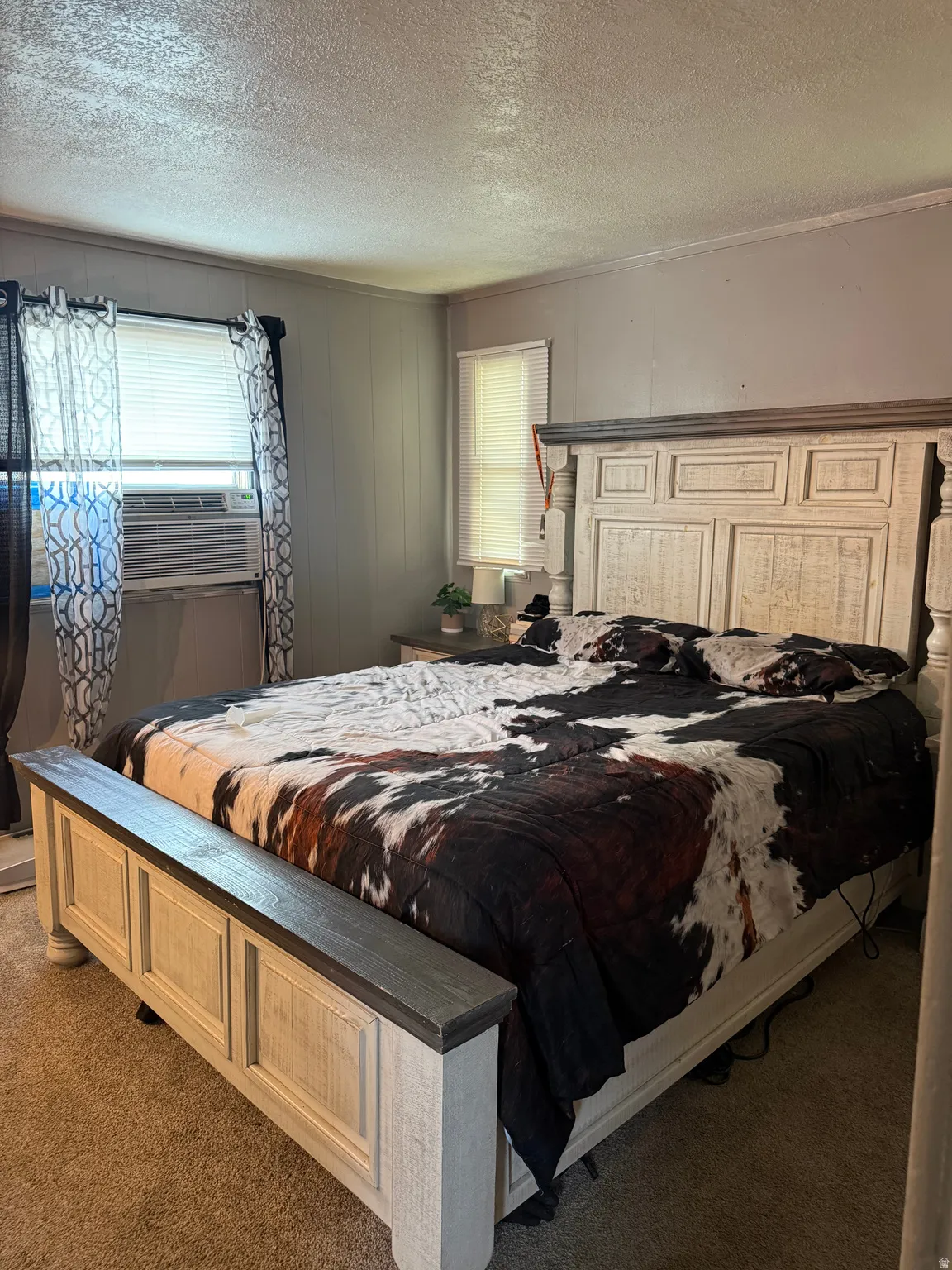 Carpeted flooring, paneled wall accents, window blinds, and a window-mounted air conditioning unit