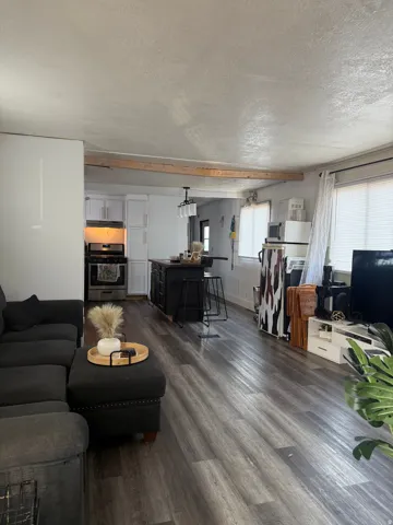 Open-concept living area with wood-finish flooring