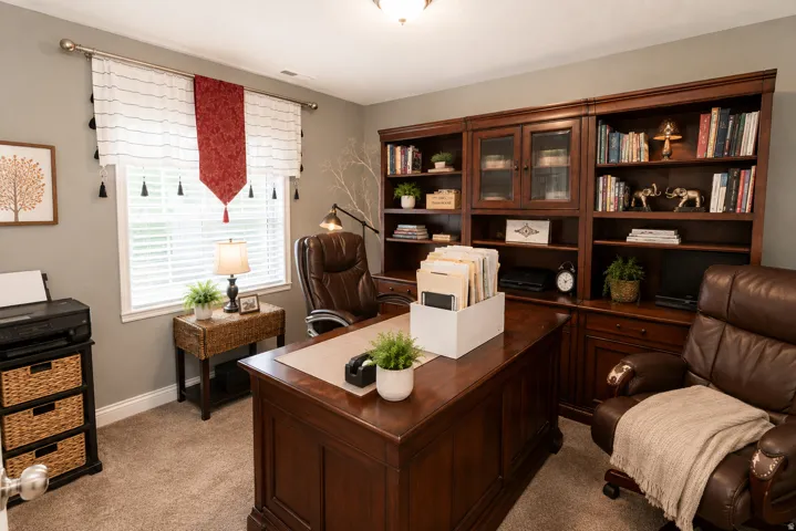 Built-in wood-finish cabinetry, wood-finish desk, and window with white blinds