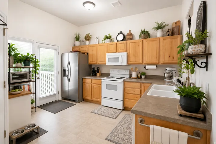 Kitchen featuring wood cabinetry, white appliances, a double basin sink, and tile flooring