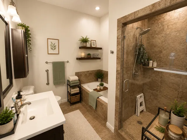 Spacious bathroom featuring a glass-enclosed shower with tile surround, separate soaking tub, vanity with an integrated sink, wall-mounted storage cabinet, and recessed lighting