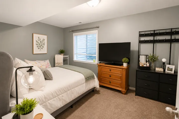 Carpeted flooring, recessed lighting, and a window with blinds