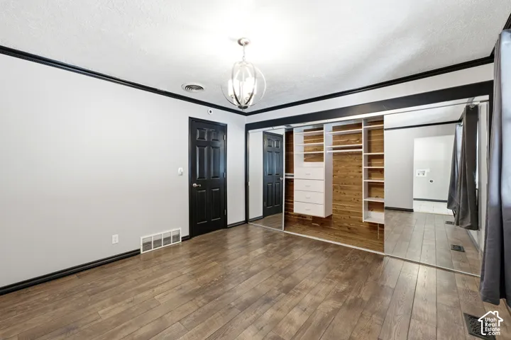 Wood-finish flooring, built-in mirrored closet with custom shelving and drawer storage, and a contemporary ceiling light fixture