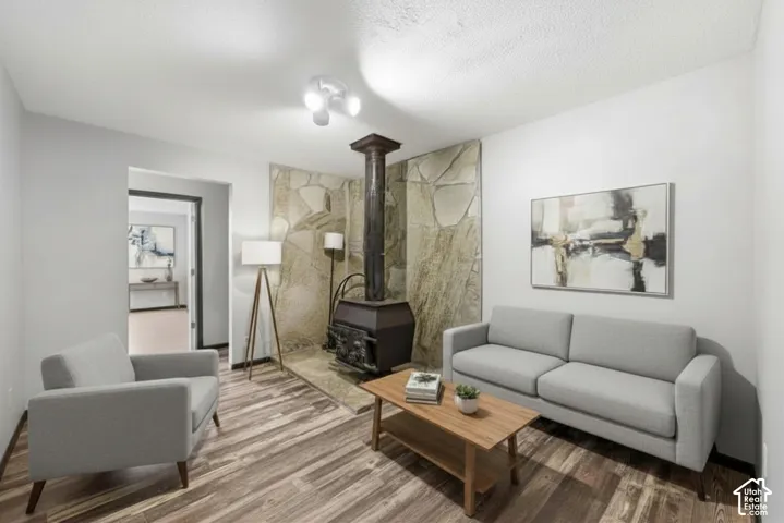 Stone accent wall with a built-in wood-burning stove