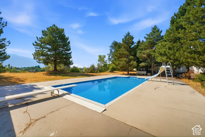 Outdoor pool area featuring a diving board, pool slide, and mature trees