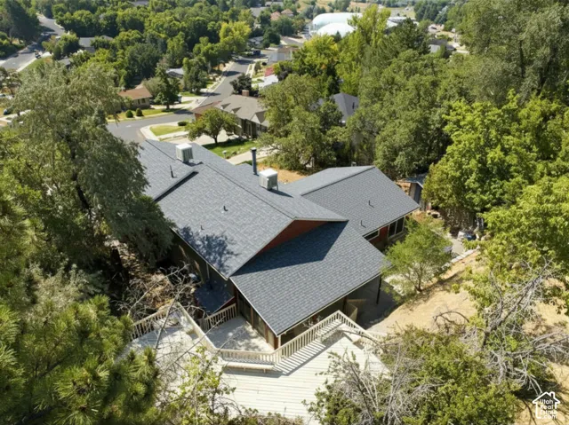 Expansive multi-level deck with white railings, a gray shingle roof, and lush mature trees surrounding the property