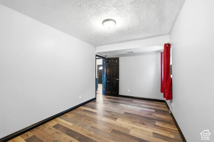 Wood-finish flooring, light gray wall paint, dark trim, and a ceiling-mounted light fixture