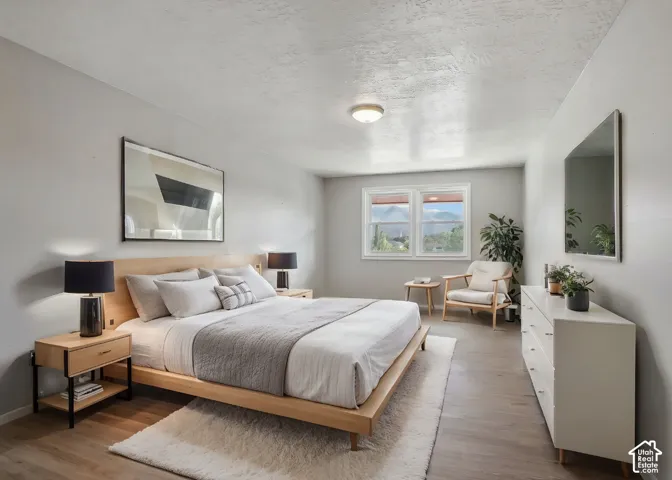 Recessed window with exterior scenery, wood-finish flooring, light-toned walls, and a flush mount ceiling fixture